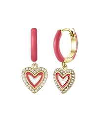 Kids/teens 14k Gold Plated with Cubic Zirconia & Magenta-Red Enamel Halo Heart Dangle Charm Hoop Earrings