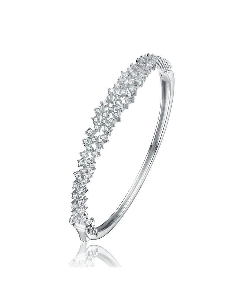 Sterling Silver with Rhodium Plated Clear Round Cubic Zirconia Cluster Style Bangle Bracelet