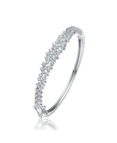 Sterling Silver with Rhodium Plated Clear Round Cubic Zirconia Cluster Style Bangle Bracelet