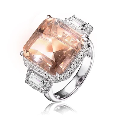 Sterling Silver White Gold Plated with Pink or Yellow Cubic Zirconia Three-Stone Ring