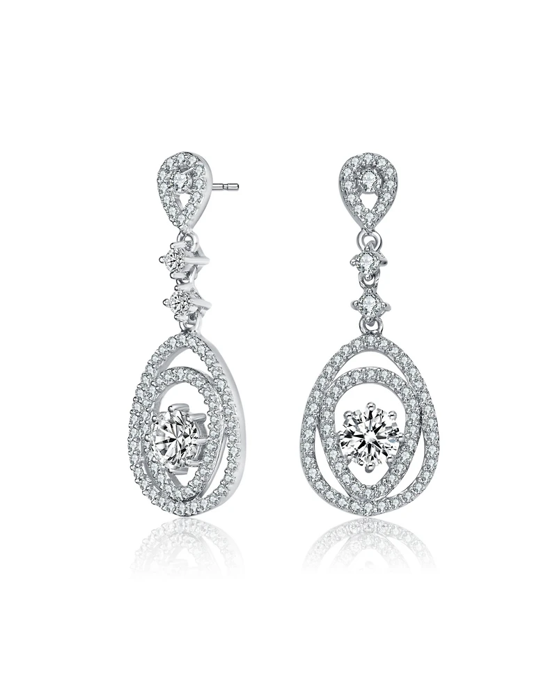 Sterling Silver with Rhodium Plated Clear Round Cubic Zirconia Double Pear Drop Earrings