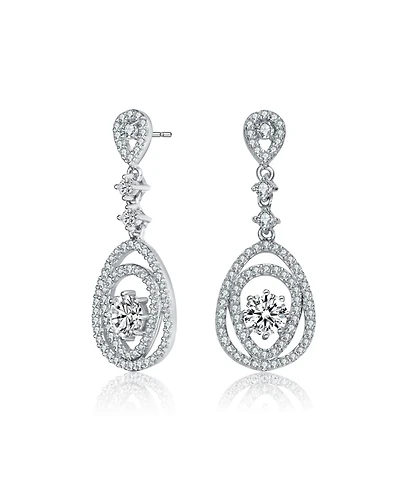 Sterling Silver with Rhodium Plated Clear Round Cubic Zirconia Double Pear Drop Earrings