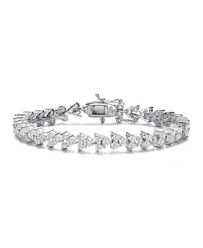 Sterling Silver with Rhodium Plated Clear Round Cubic Zirconia 3-Stone Triangular Link Bracelet