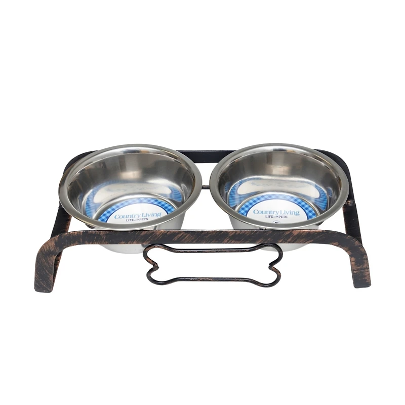 Country Living Rustic Dog Bone Elevated Feeder with 2 Stainless Steel Bowls (2 qts Each)