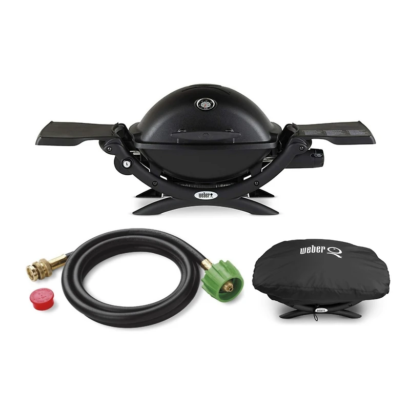 Weber Q1200 Liquid Propane Grill (Black) With Adapter Hose And Grill Cover
