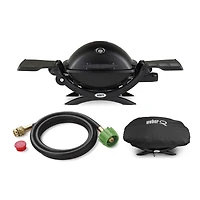 Weber Q1200 Liquid Propane Grill (Black) With Adapter Hose And Grill Cover