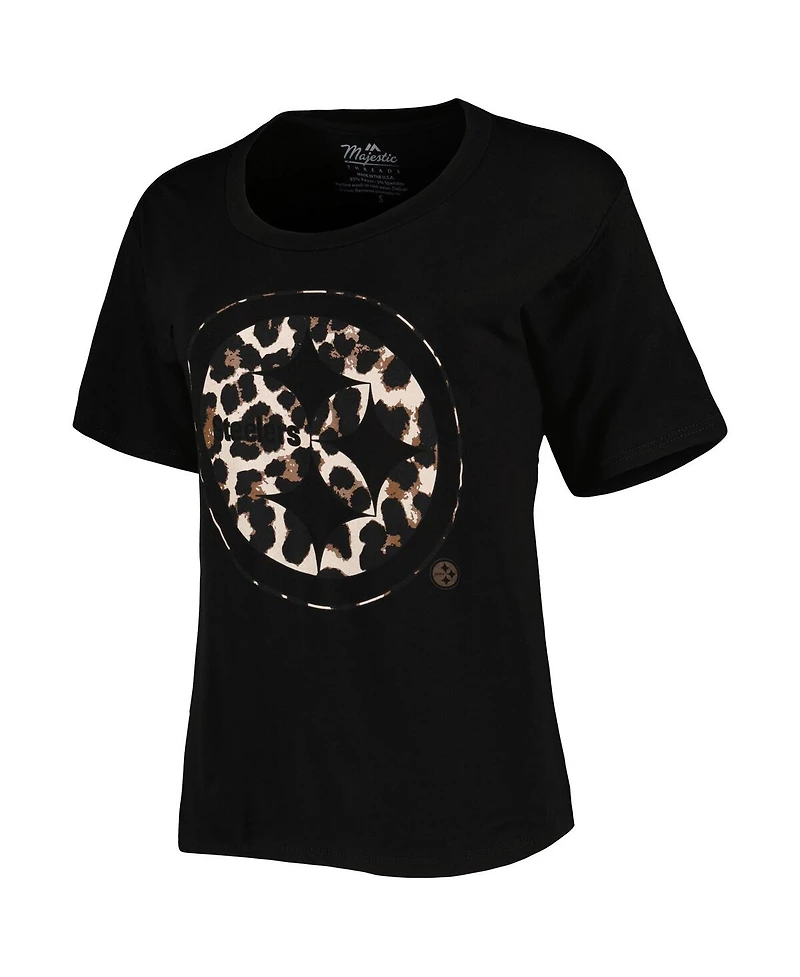 Women's Majestic Threads T.j. Watt Black Pittsburgh Steelers Leopard Player Name and Number Tri-Blend T-shirt