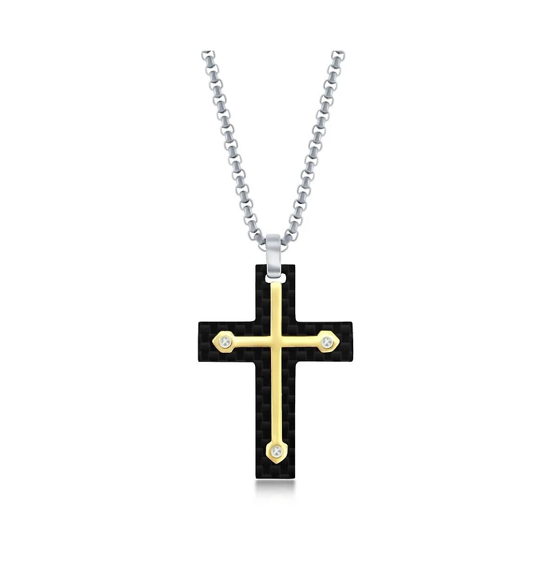 Mens Stainless Steel Black Carbon Fiber & Gold Cross Necklace
