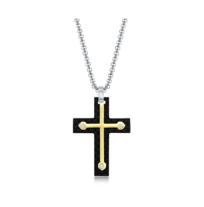 Mens Stainless Steel Black Carbon Fiber & Gold Cross Necklace