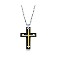 Mens Stainless Steel Black Carbon Fiber & Gold Cross Necklace