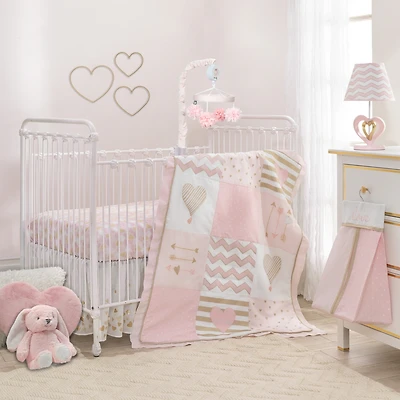 Lambs & Ivy Baby Love Metallic Gold/Pink/White Hearts, Stripes and Chevrons 4-Piece Nursery Crib Bedding Set