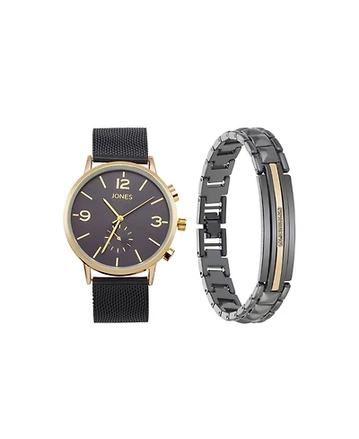 Jones New York Men's Analog Black Metal Alloy Bracelet Watch, 42mm and Bracelet Set
