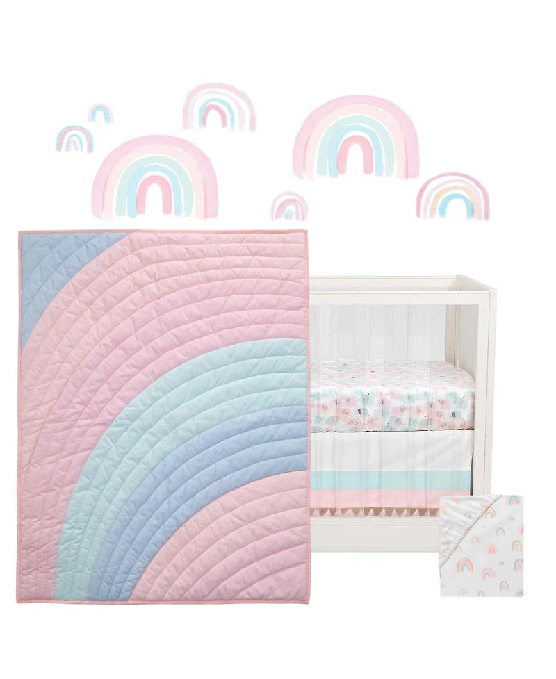 Lambs & Ivy Watercolor Pastel Pink/Mint Rainbow 5-Piece Baby Crib Bedding Set