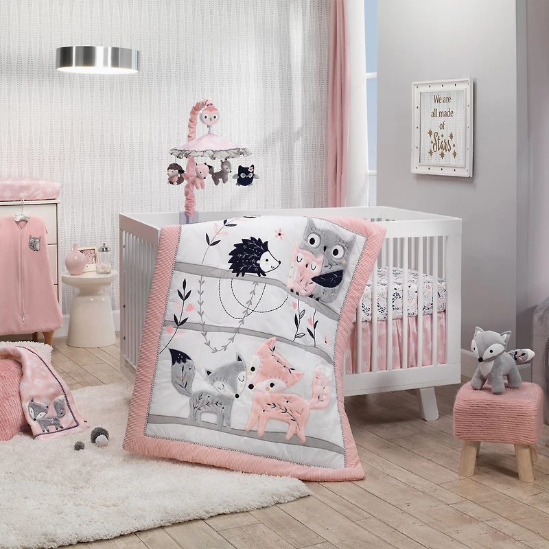 Lambs & Ivy Forever Friends White/Pink/Gray Woodland Fox/Owl 4-Piece Nursery Crib Baby Bedding Set