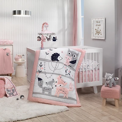 Lambs & Ivy Forever Friends White/Pink/Gray Woodland Fox/Owl 4-Piece Nursery Crib Baby Bedding Set