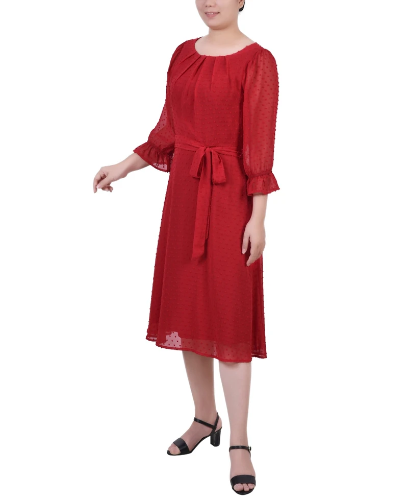 Women's 3/4 Sleeve Belted Swiss Dot Dress