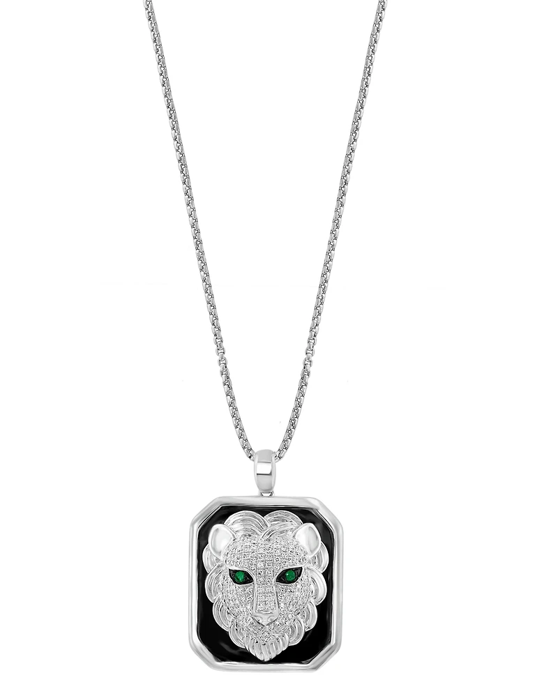 Effy Men's Diamond (1/2 ct. t.w.) & Emerald Accent Black Enamel Lion 22" Pendant Necklace in Sterling Silver