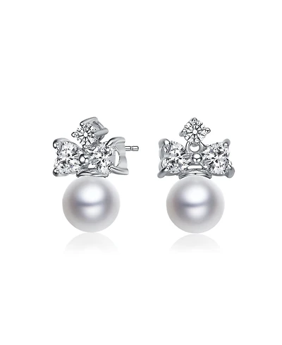 Gv Sterling Silver White Gold Plated White Round Freshwater Pearl with Clear Heart and Round Cubic Zirconia Earrings