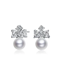 Gv Sterling Silver White Gold Plated White Round Freshwater Pearl with Clear Heart and Round Cubic Zirconia Earrings