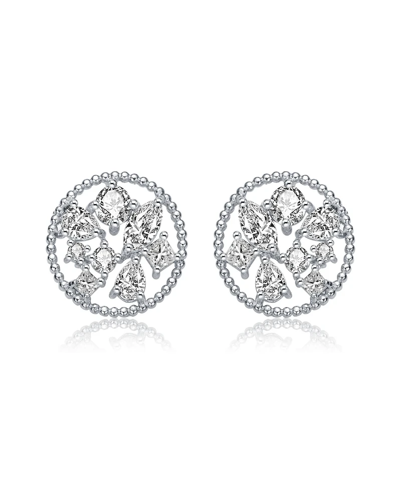 Gv Sterling Silver White Gold Plated Ball Halo with Clear Multi Shape Cubic Zirconia Round Earrings