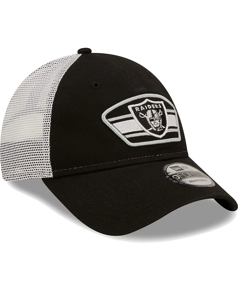 Men's New Era Black, White Las Vegas Raiders Logo Patch Trucker 9Forty Snapback Hat
