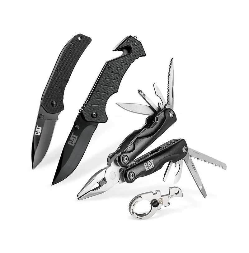 Cat 4 pc Multi-Tool and Folding Pocket Black Knife Set with Keychain Tool