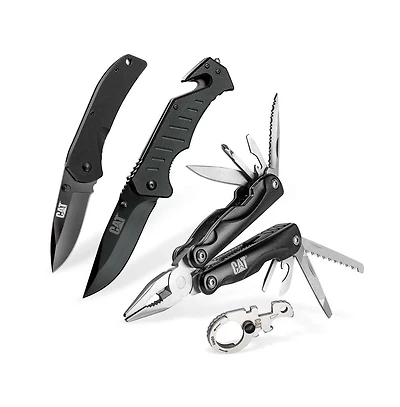 Cat 4 pc Multi-Tool and Folding Pocket Black Knife Set with Keychain Tool