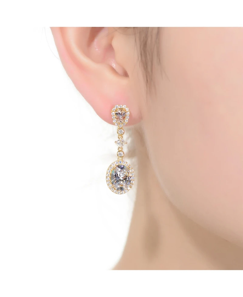 Gv Sterling Silver with Gold Plated Clear Oval with Princess and Round Cubic Zirconia Accent Long Drop Earrings