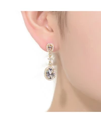 Gv Sterling Silver with Gold Plated Clear Oval with Princess and Round Cubic Zirconia Accent Long Drop Earrings