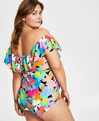 Swim Solutions Plus Tummy Control Off-The-Shoulder Ruffled Swimsuit, Created For Macy's