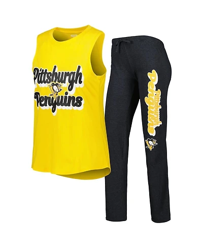 Concepts Sport Women's Gold, Heather Black Pittsburgh Penguins Meter Muscle Tank Top and Pants Sleep Set