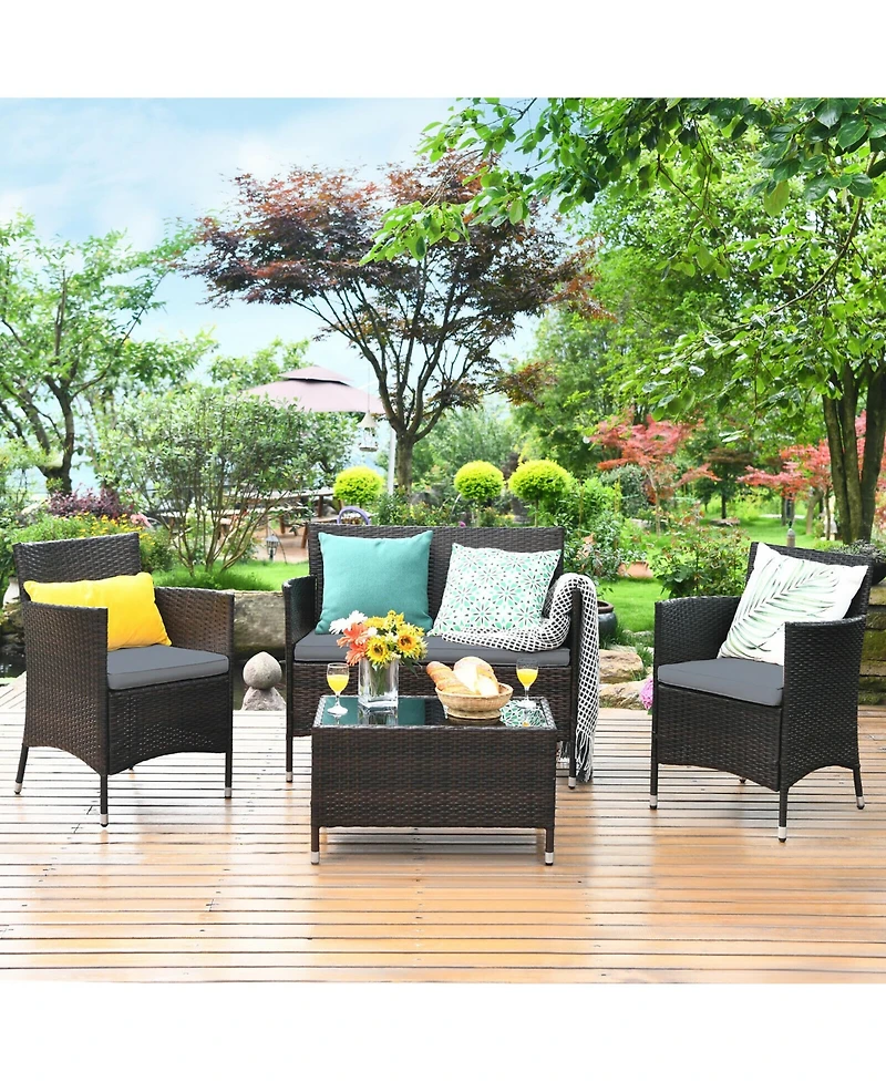 4 Pcs Outdoor Patio Rattan Furniture Set Table Shelf Sofa