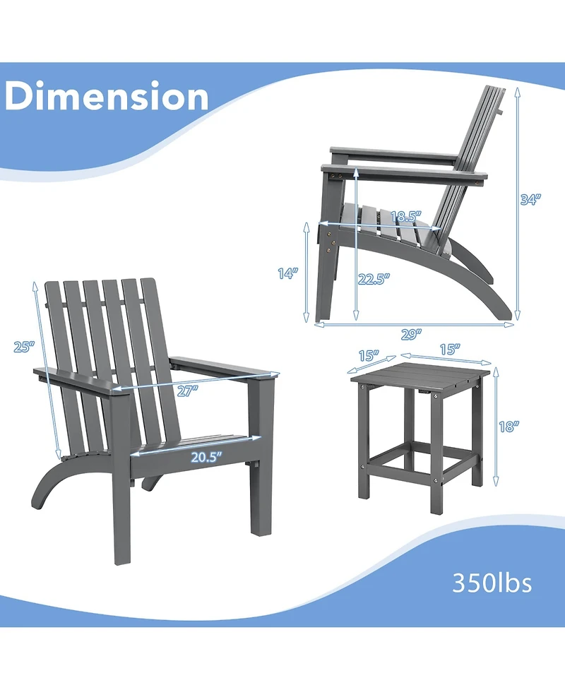 Costway 2PCS Patio Adirondack Chair Side Table Set Solid Wood Garden Deck