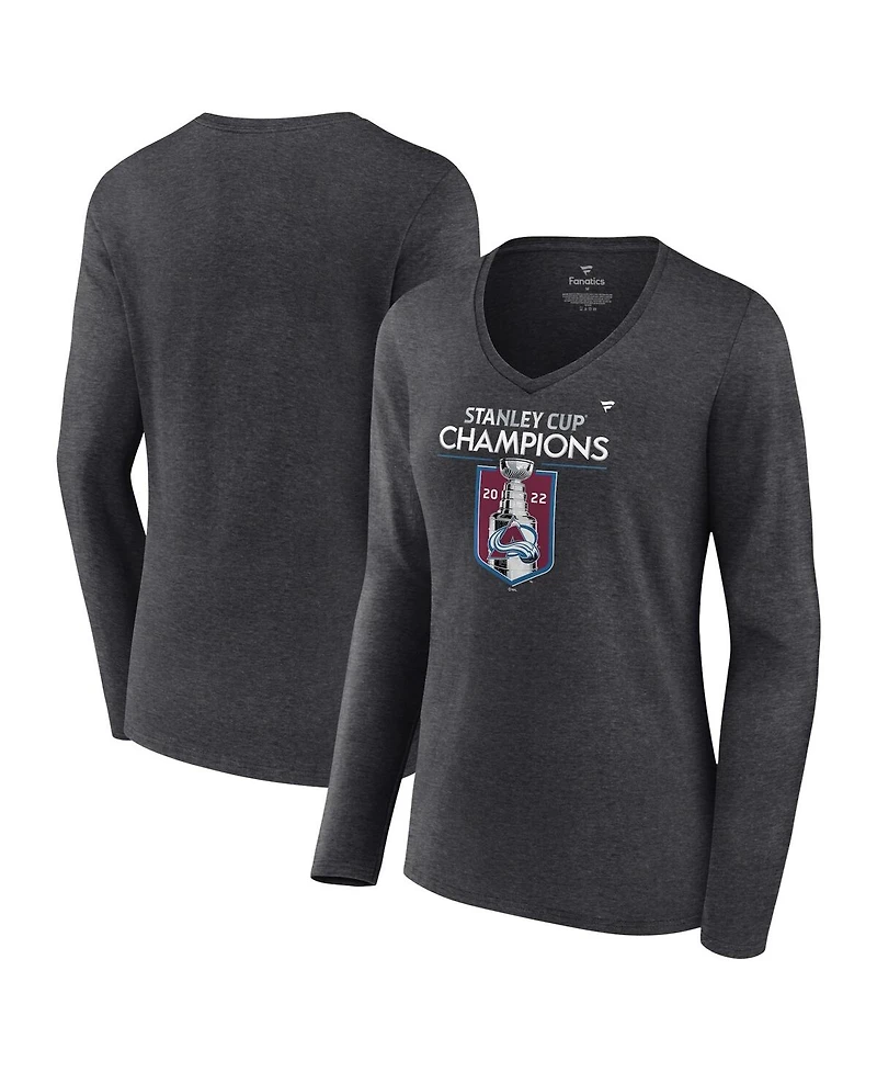Women's Fanatics Heathered Charcoal Colorado Avalanche 2022 Stanley Cup Champions Locker Room V-Neck Long Sleeve T-shirt