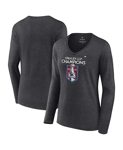 Women's Fanatics Heathered Charcoal Colorado Avalanche 2022 Stanley Cup Champions Locker Room V-Neck Long Sleeve T-shirt
