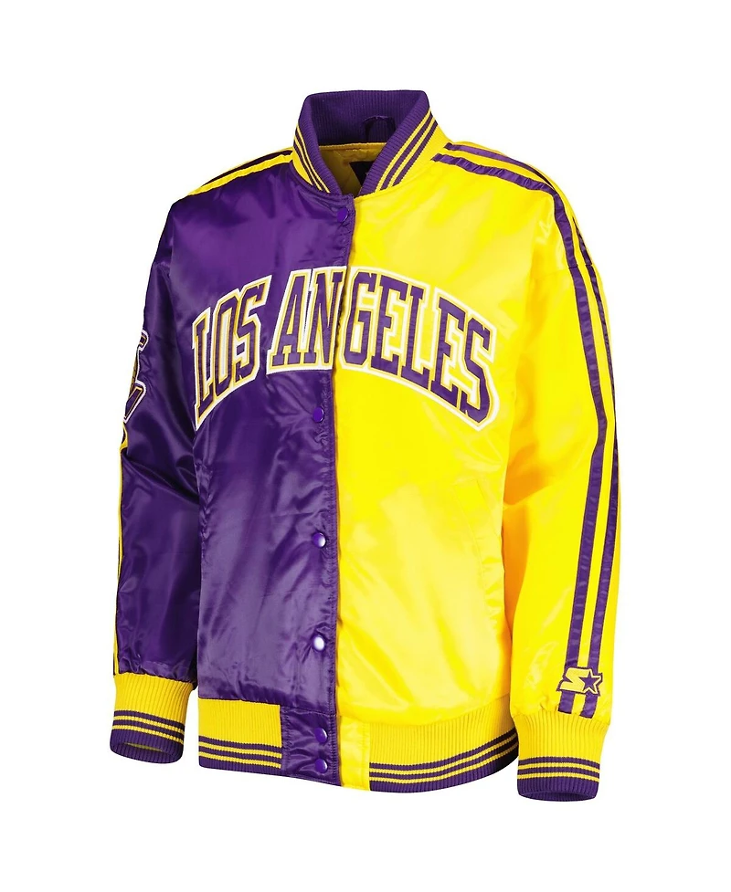 Women's Starter Purple, Gold Los Angeles Lakers Split Colorblock Satin Full-Snap Varsity Jacket