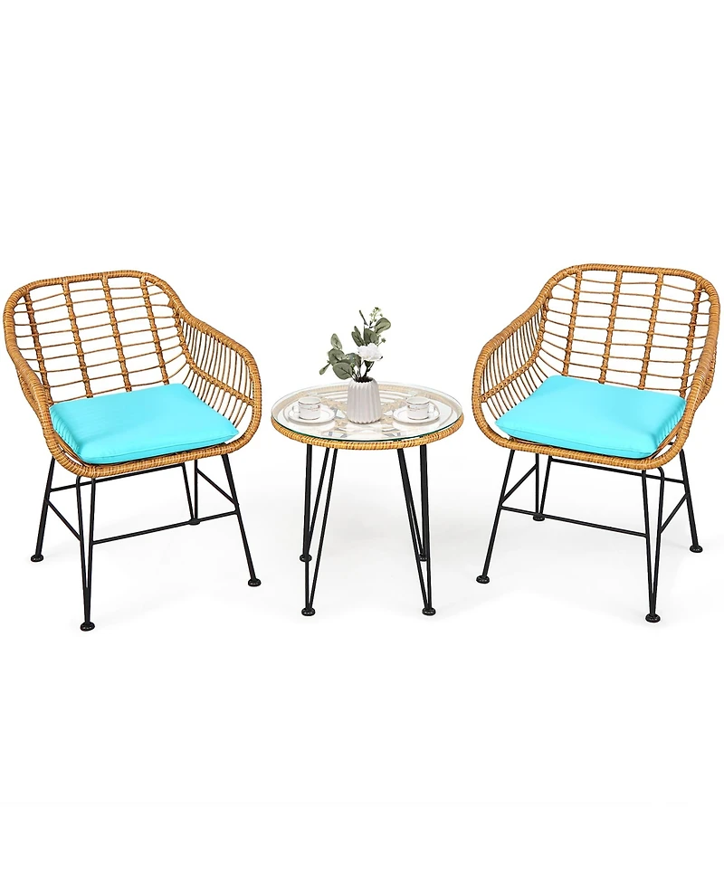 3PCS Patio Rattan Bistro Furniture Set Cushioned Chair Table