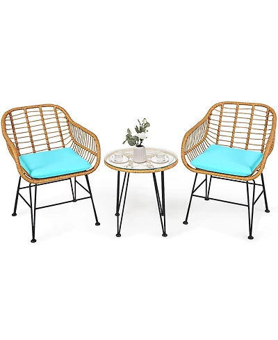 3PCS Patio Rattan Bistro Furniture Set Cushioned Chair Table
