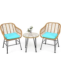 3PCS Patio Rattan Bistro Furniture Set Cushioned Chair Table