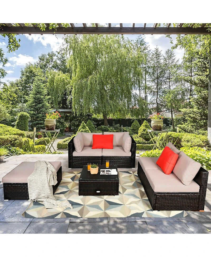 6PCS Outdoor Patio Rattan Furniture Set Cushioned Sectional Sofa