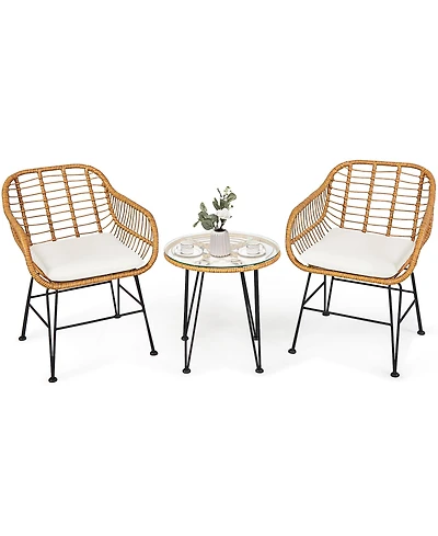 3PCS Patio Rattan Bistro Furniture Set Cushioned Chair Table