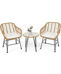 3PCS Patio Rattan Bistro Furniture Set Cushioned Chair Table
