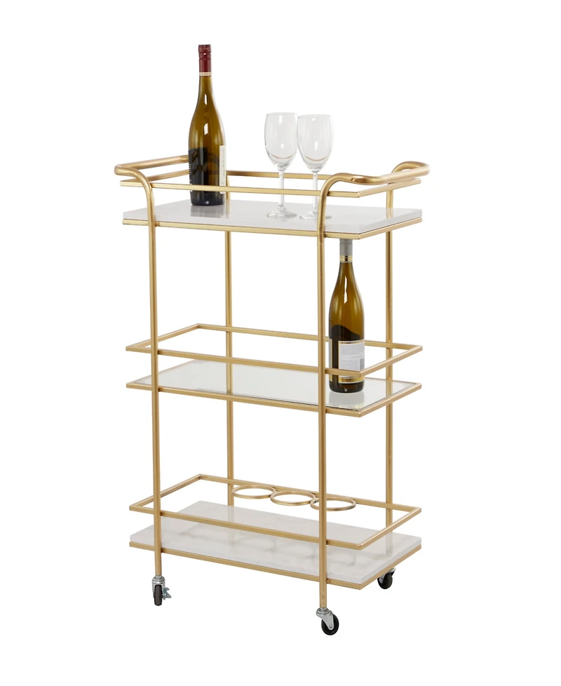 Rosemary Lane 27" x 13" x 33" Marble Rolling 1 Glass and 2 Marble Shelves with Handles Bar Cart