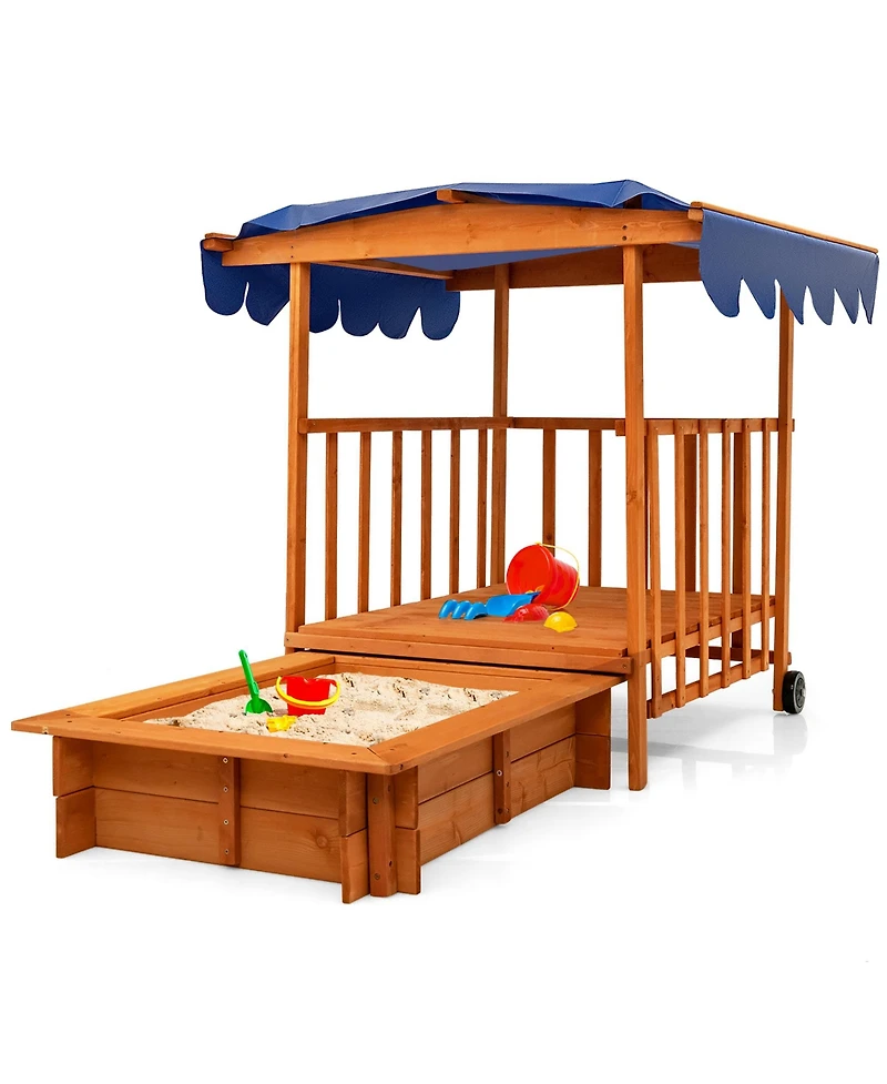 Wooden Retractable Sandbox with Cover & Built-in Wheels Kids