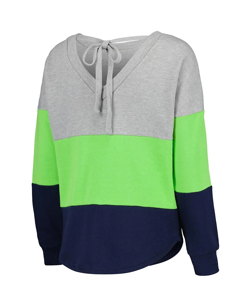 Women's Touch Heathered Gray, College Navy Seattle Seahawks Outfield Deep V-Back Pullover Sweatshirt
