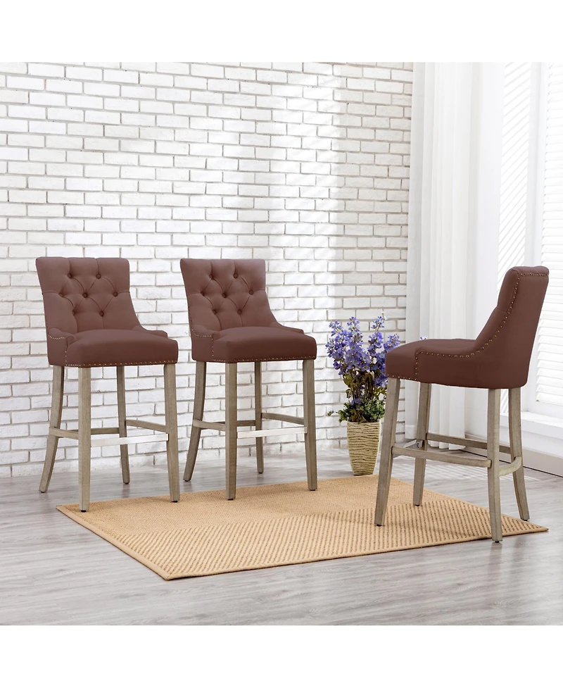 29" Linen Tufted Buttons Upholstered Wingback Bar Stool (Set of