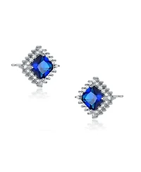 Cubic Zirconia Sterling Silver White Gold Plated Blue Square Shape Earrings