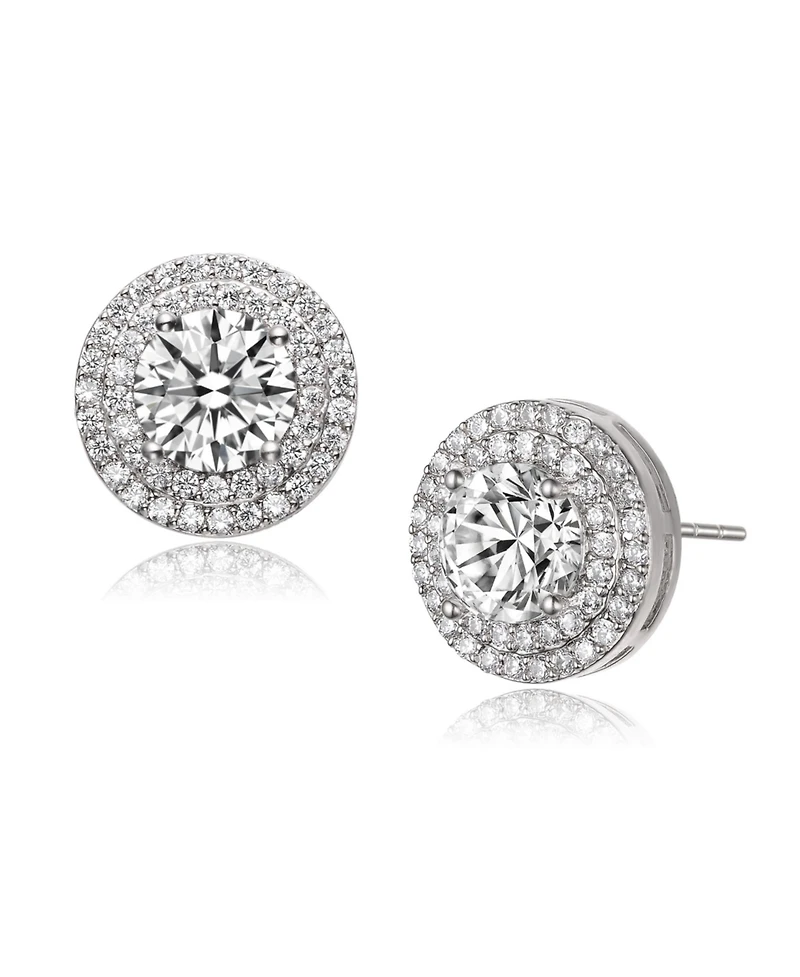 Cubic Zirconia Sterling Silver round Haloed Stud Earrings