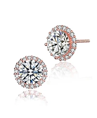 Sterling Silver Clear Round Cubic Zirconia with Pronged Halo Small Zirconias Button Style Earrings