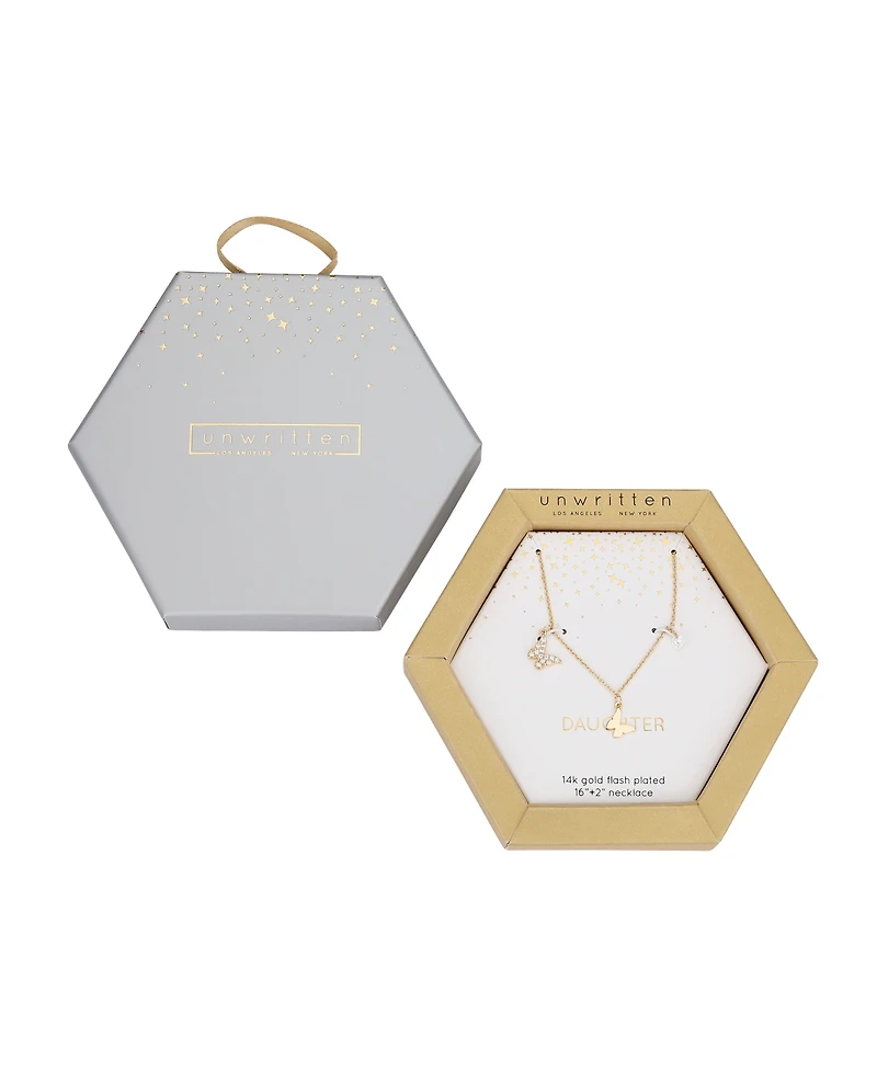 Unwritten 14K Gold Flash-Plated Cubic Zirconia Double Butterfly Necklace with Extender